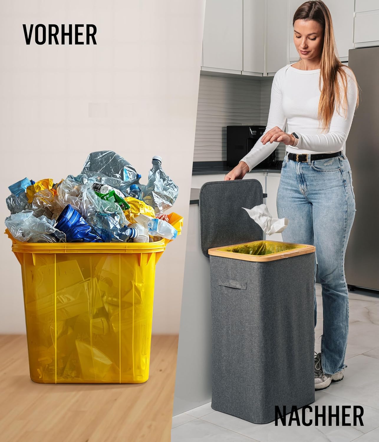 Müllsackständer mit Bambusrahmen, 90L - Grau