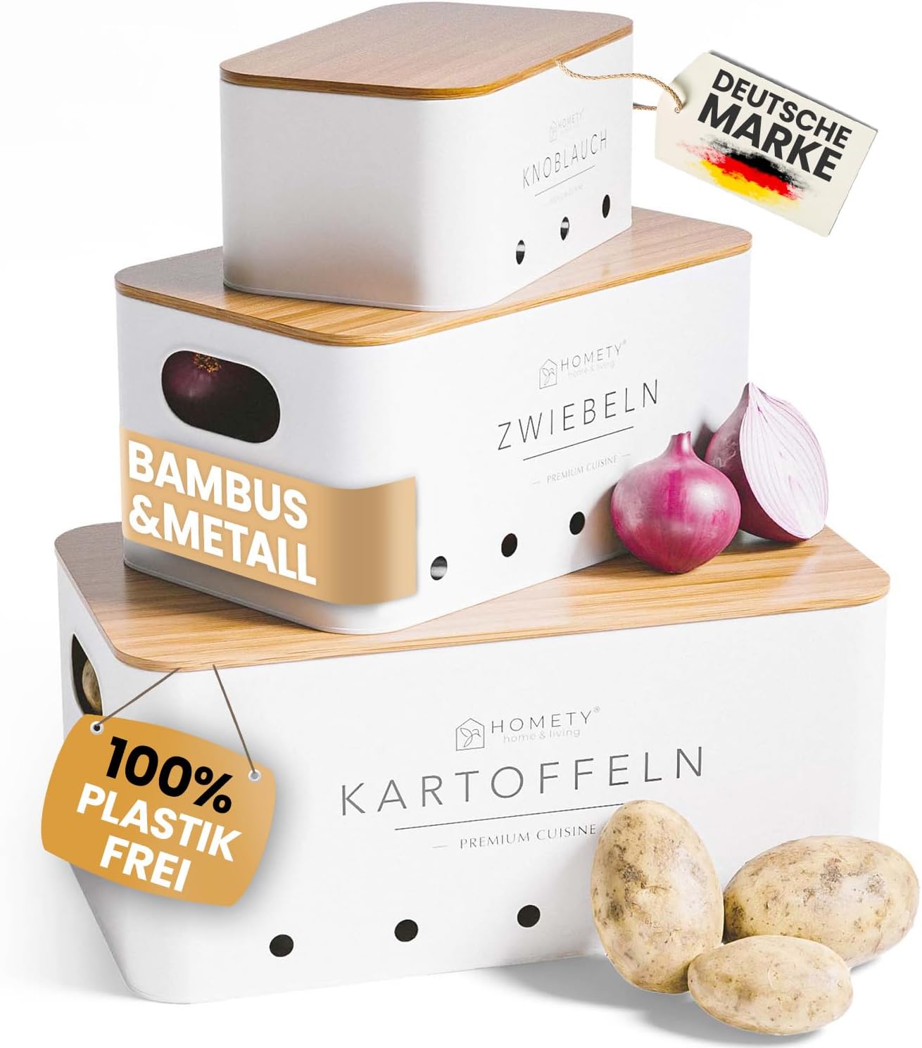 Kartoffel, Zwiebel & Knoblauch Aufbewahrungsboxen-Set (3-teilig), Weiss