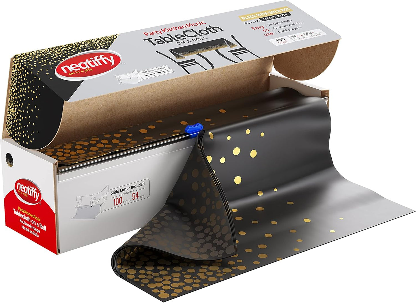 Tischtuchrolle mit Gleitschneider, Schwarz-goldene Punkte