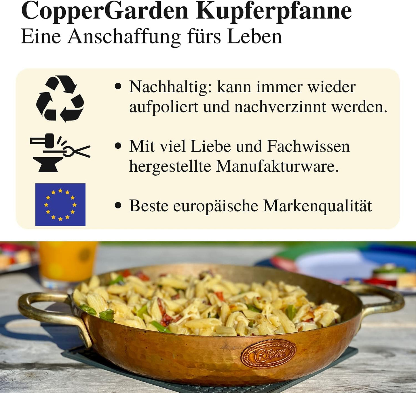 Kupferpfanne mit Deckel, 28 cm mit Griffen und Deckel