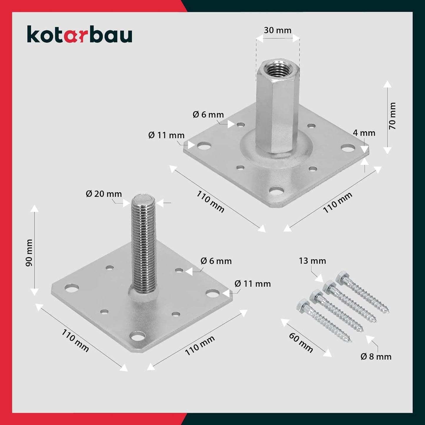 Pfostenträger-Set Höhenverstellbar, 4 Stück 110 x 110 mm