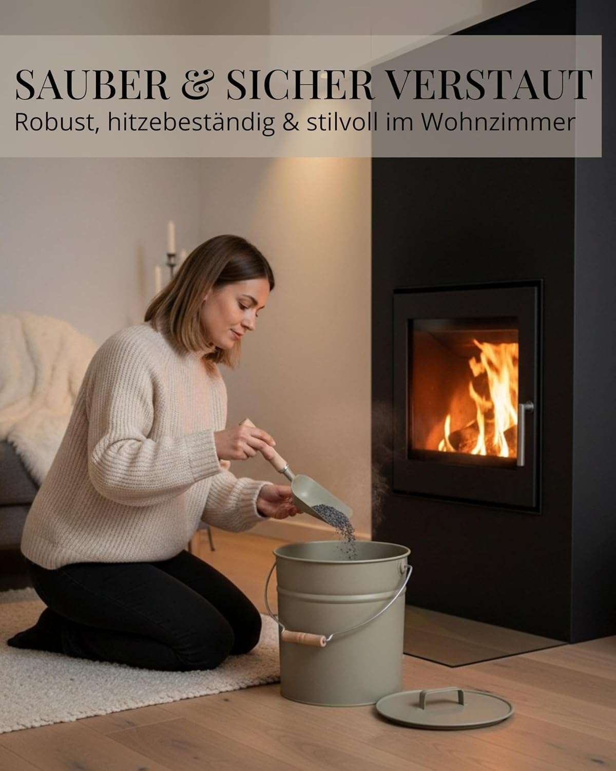 Ascheeimer für Kamine, Moosgrau