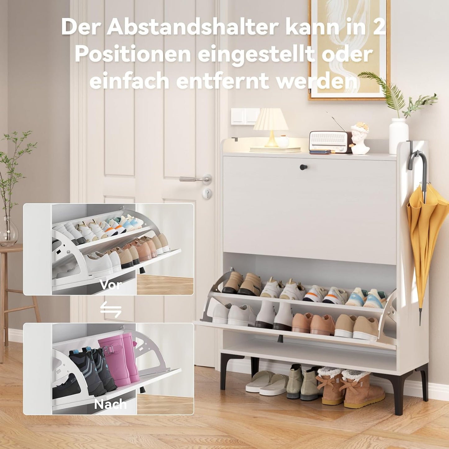 Schuhkipper mit 2 Flip-Schubladen, 80cm Weiß
