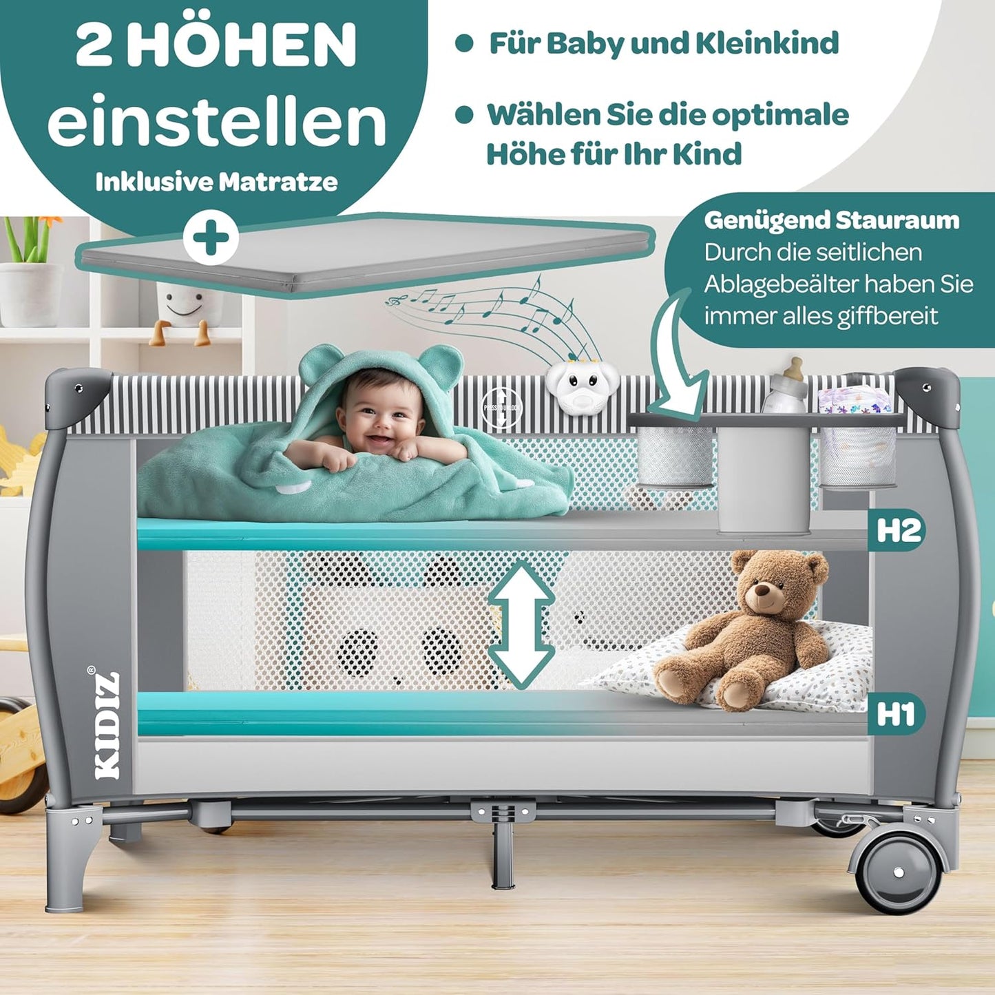 Reise-Kinderbett klappbar mit Matratze & Zubehör, Grau