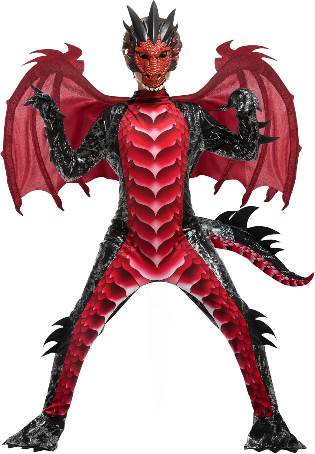 Drachenkostüm mit Flügel und Maske für Kinder, Medium (8-10 yrs) Rot
