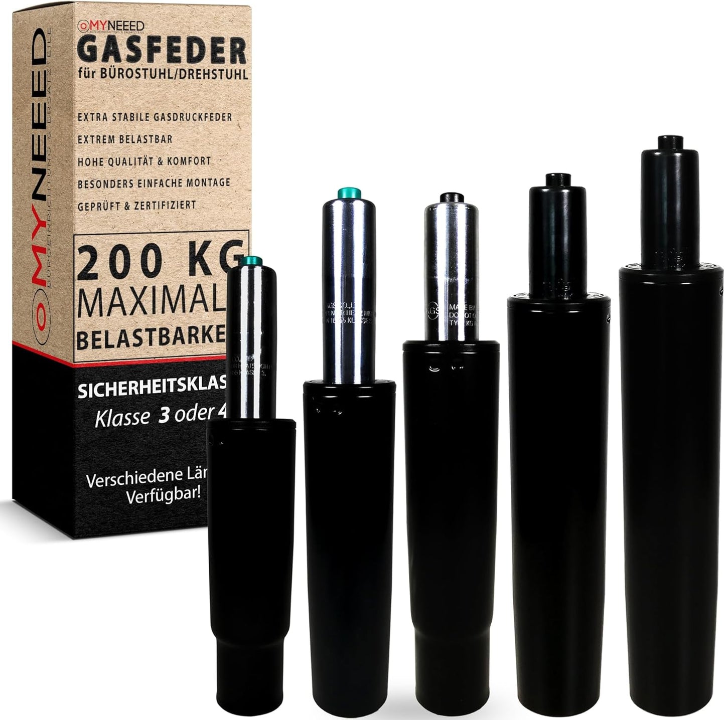 Gasfeder für Bürostuhl bis 200 kg Belastung, 255 mm