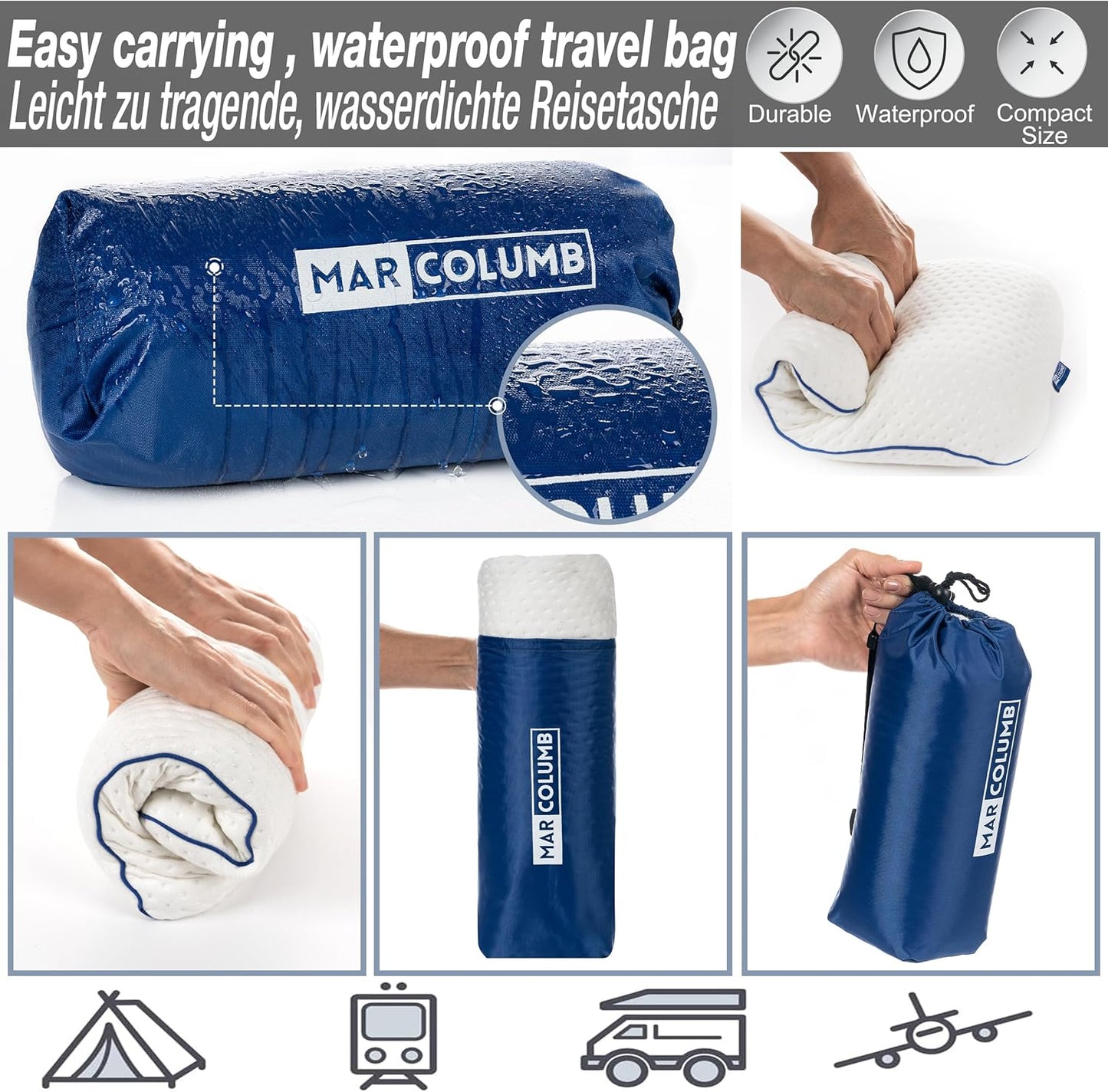 Ergonomisches Memory-Schaum-Reisekissen mit Bezug, Weiss 40x25x10 cm