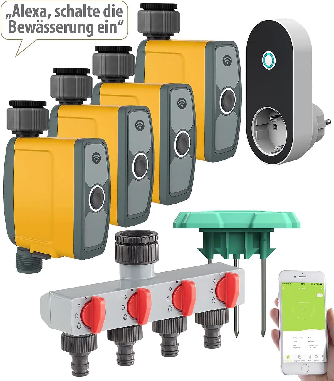 WLAN-Bewässerungscomputer mit 4-Wege-Verteiler und 4 Schlauchanschlüssen