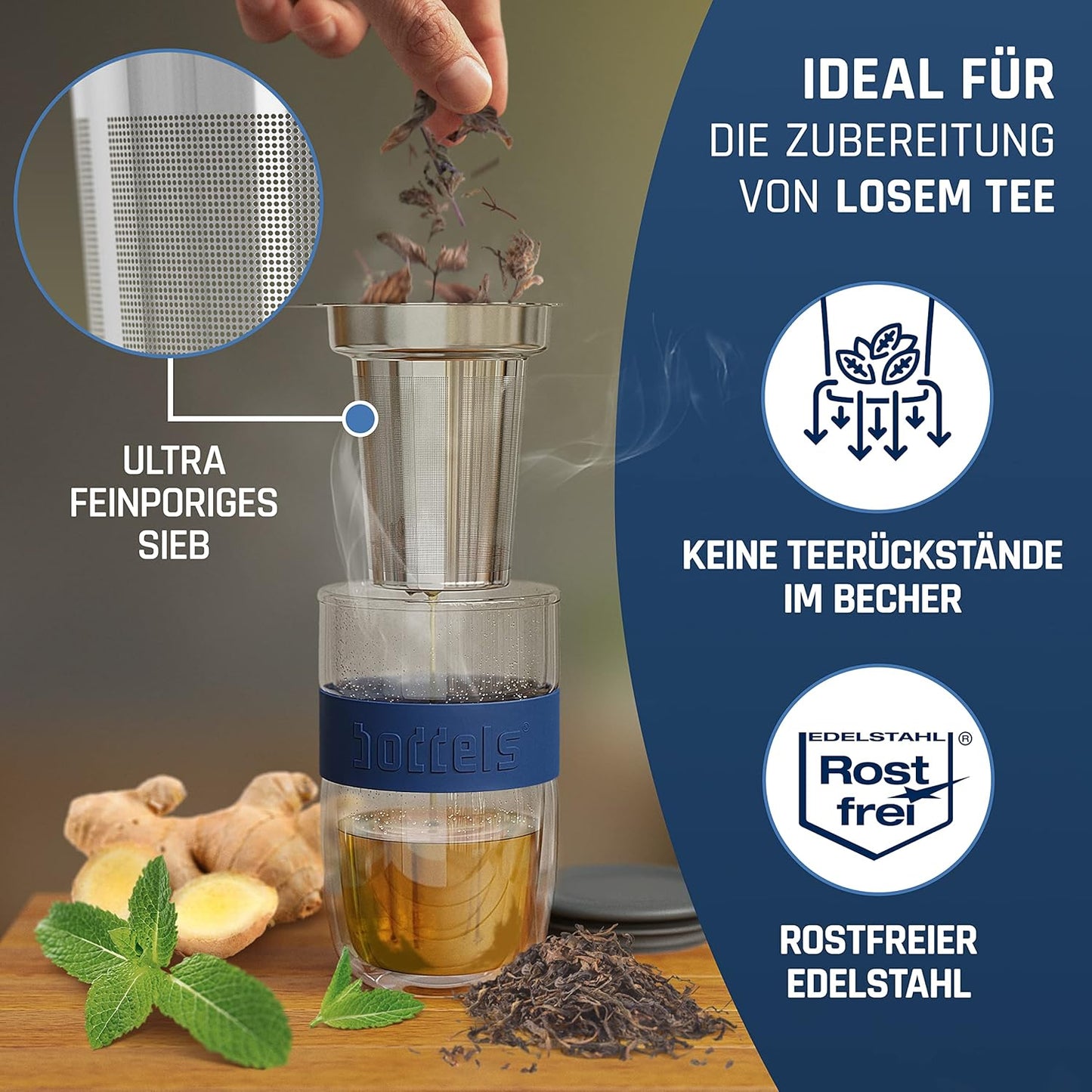 Teeglas mit Sieb und Deckel, Nachtblau