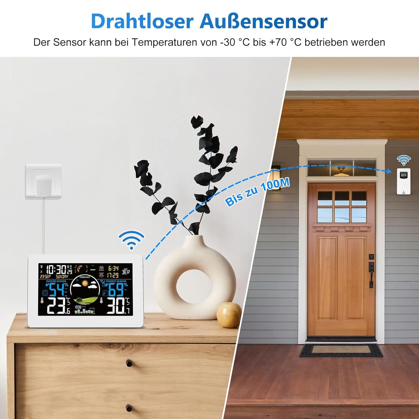 Wetterstation mit Aussensensor & Funkuhr, Weiß