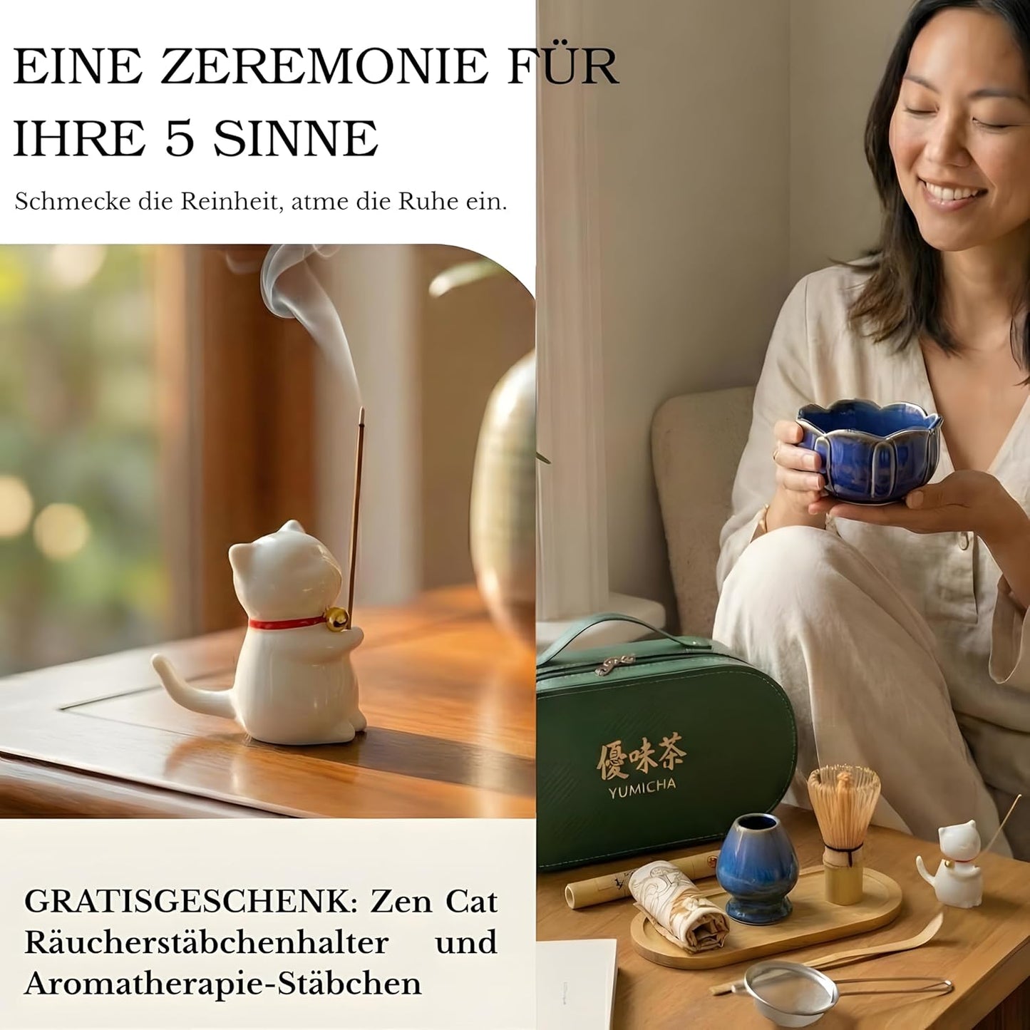 10-teiliges Matcha-Set, Tasche Grün/Service Blau 10