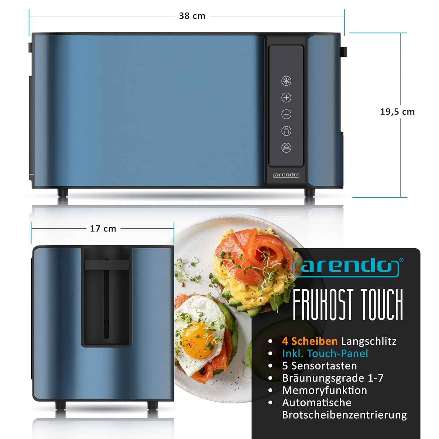 Edelstahl Langschlitztoaster mit Touchscreen, D: Blau