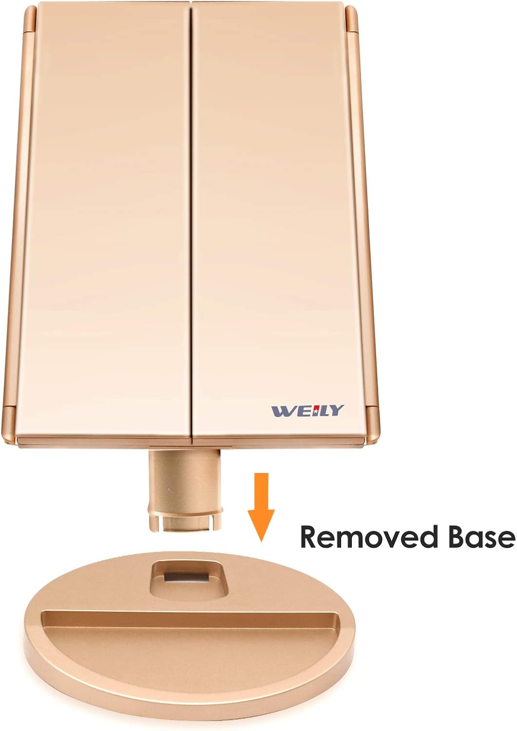 Dreifach gefalteter Kosmetikspiegel mit LED & Vergrösserung, Gold