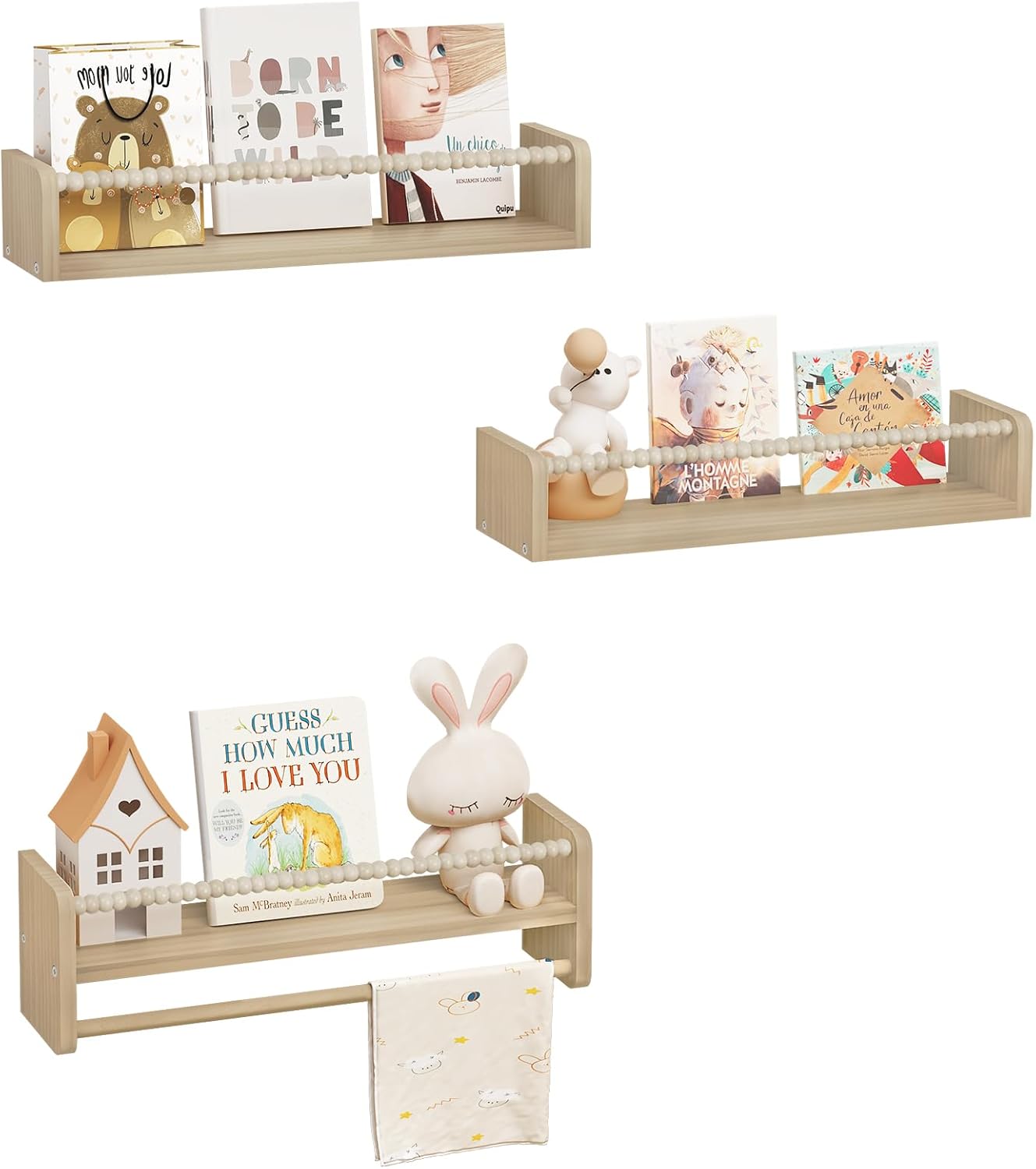3er-Set Kinder-Bücherregal für die Wand, 50 x 15 x 14 cm Naturholzfarbe
