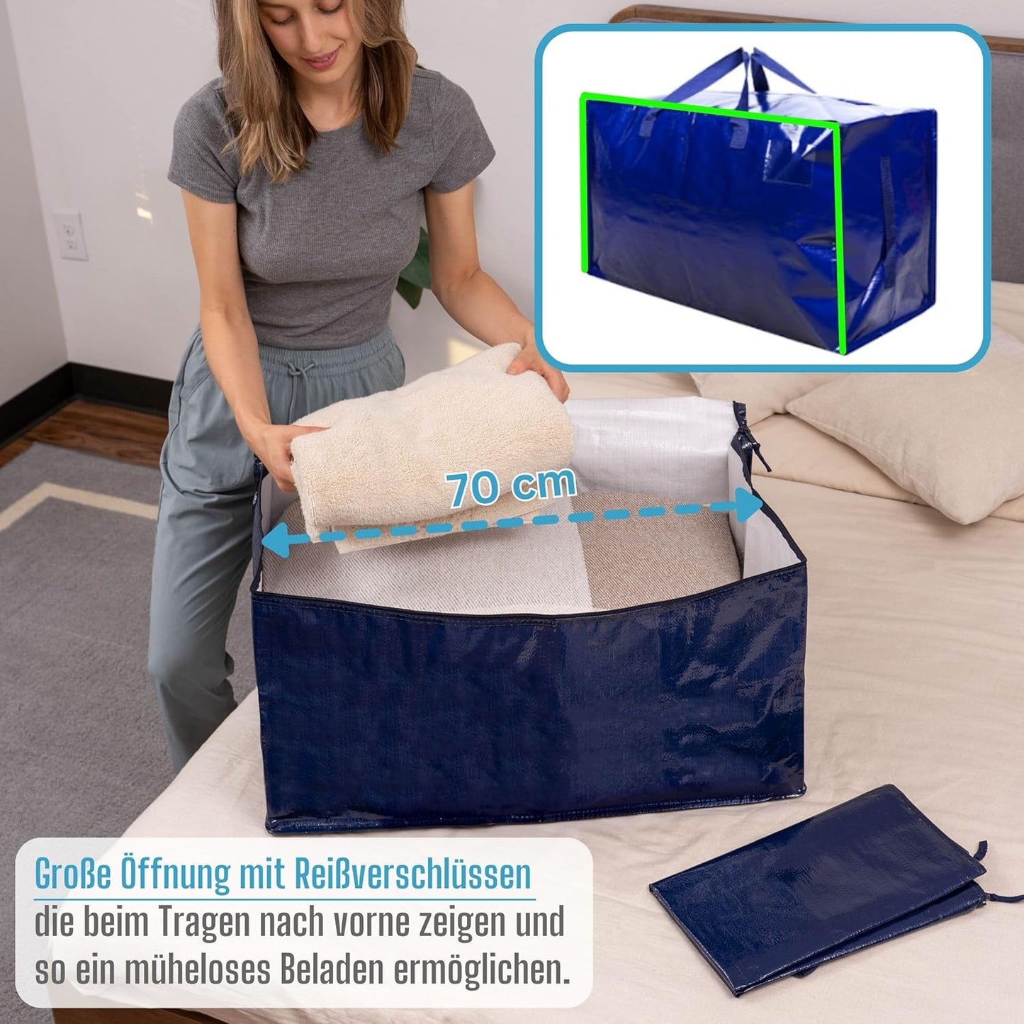 Aufbewahrungstaschen mit Deckel und Griffen, Blau 2er-Pack