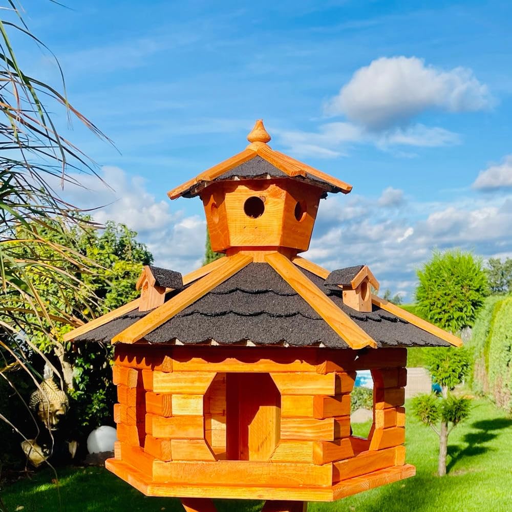 Sechseck Vogelhaus aus Holz wetterfest XXL, Grösse XXL ohne Ständer Schwarz - Braun