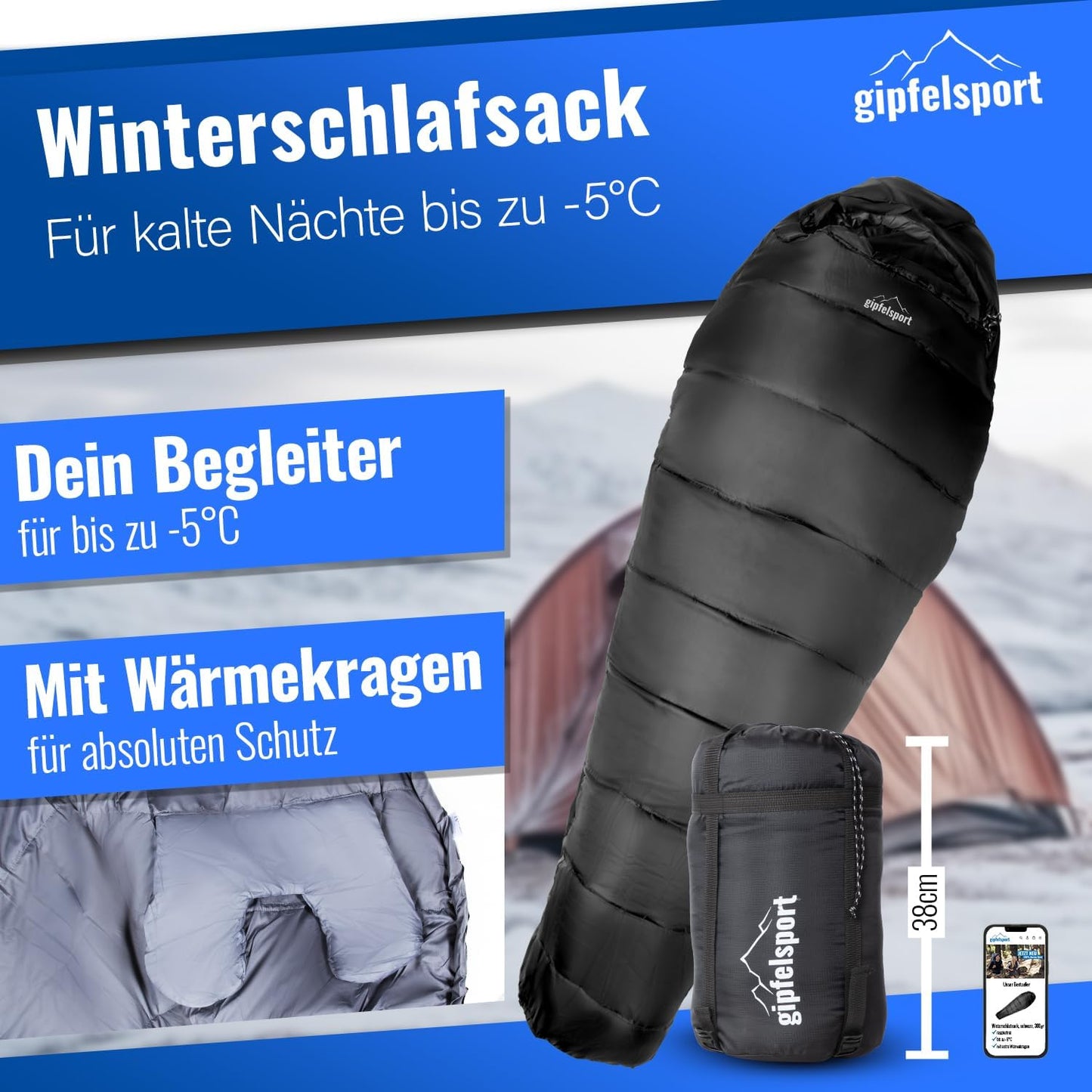 Ultraleichter Mumienschlafsack für 4 Jahreszeiten, -5°C schwarz