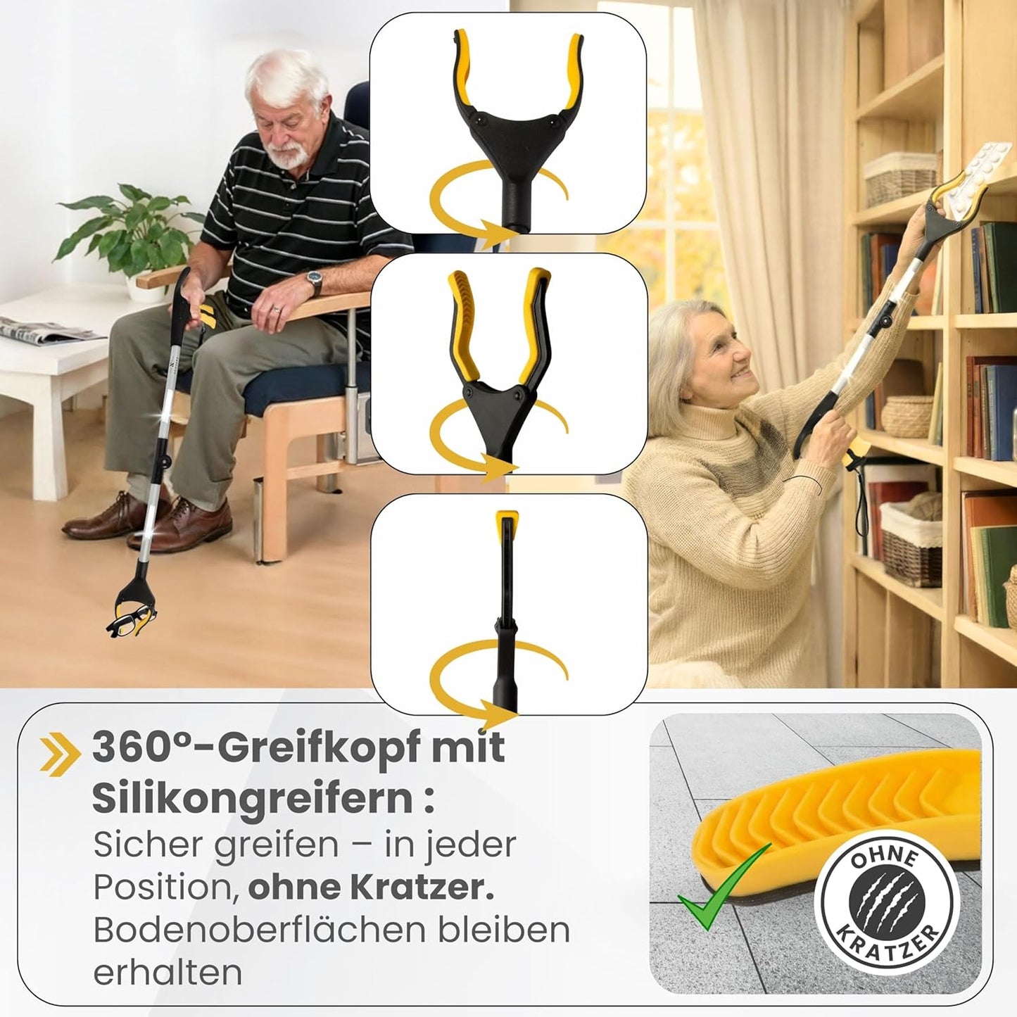 Faltbare Greifzange mit Schuhanzieher, Gelb Silber