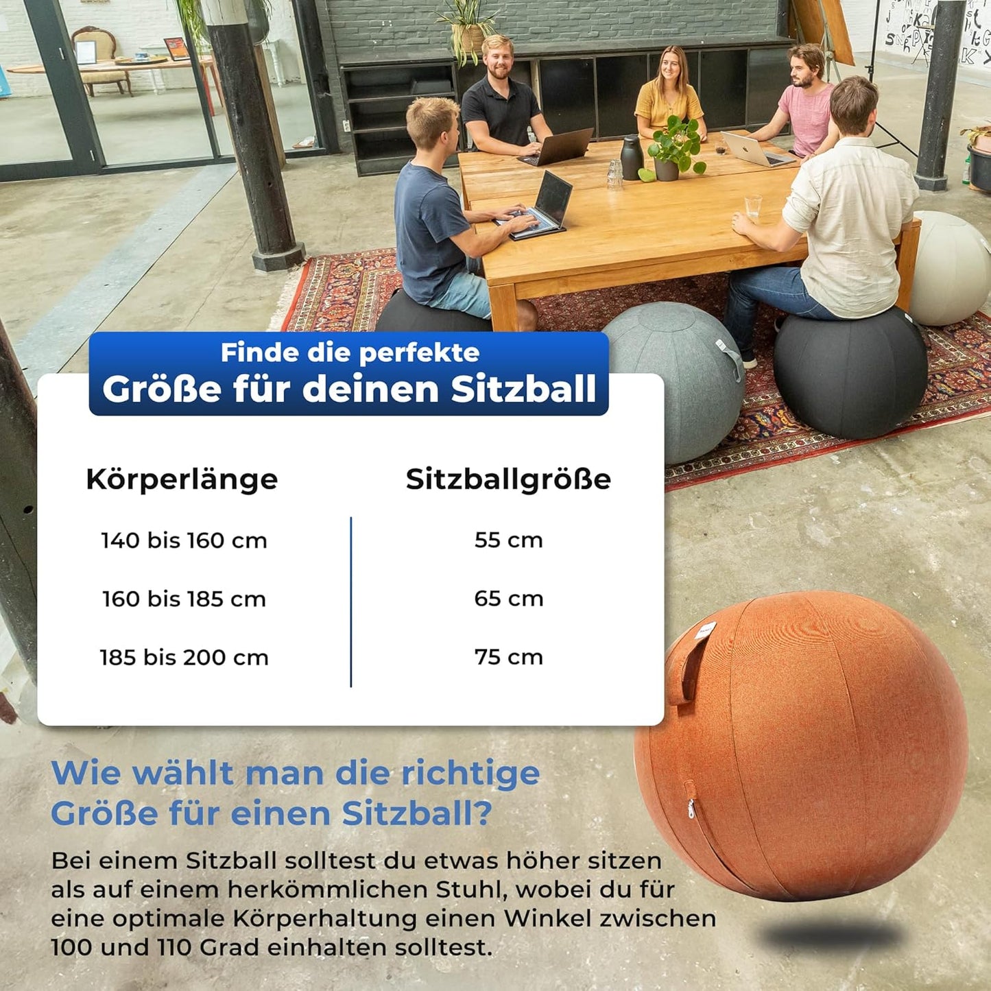 Ergonomischer Büro-Sitzball mit waschbarem Bezug, 65 cm Orange