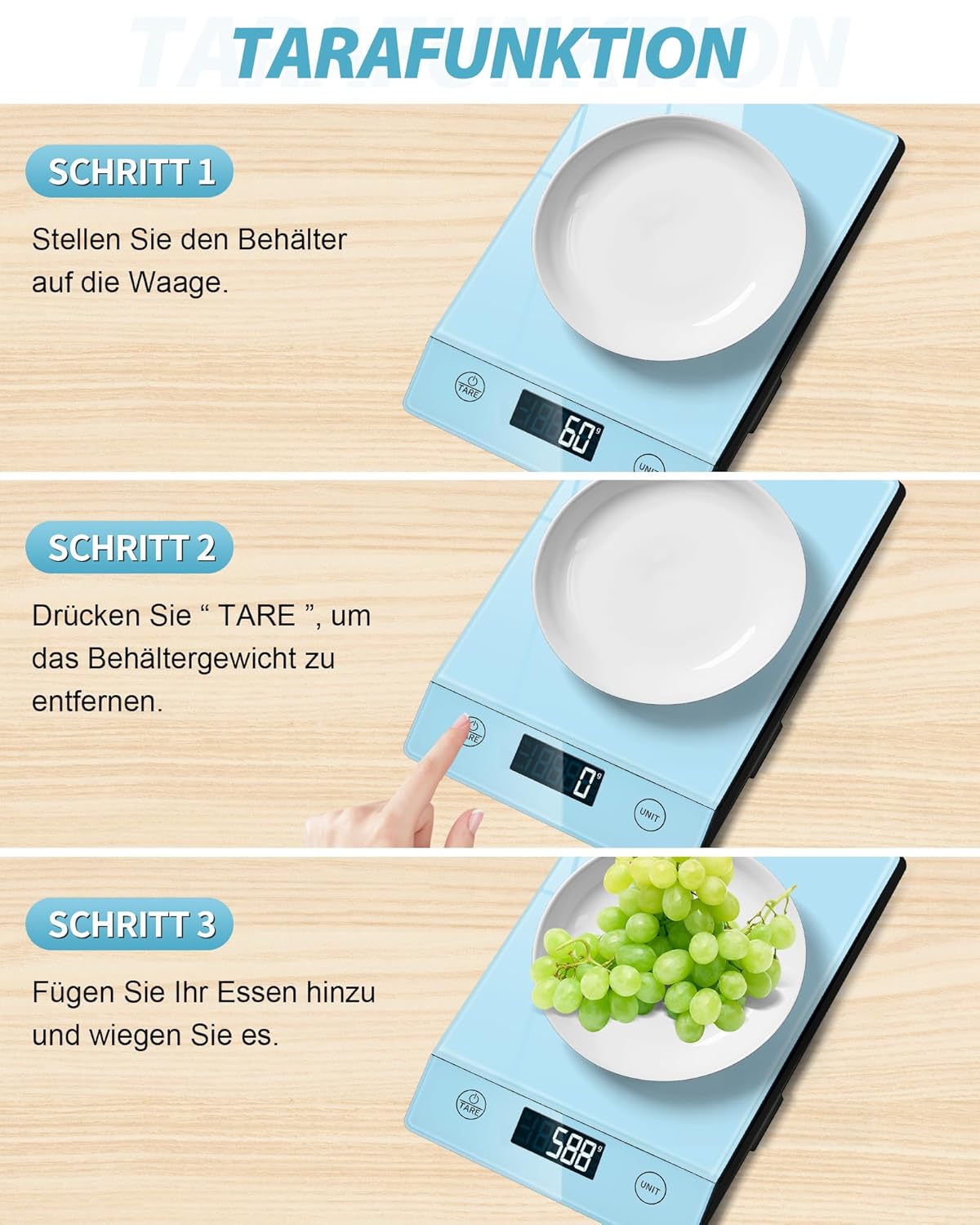 Digitale Küchenwaage mit 10kg Kapazität, Tara-Funktion, Blau-Glass