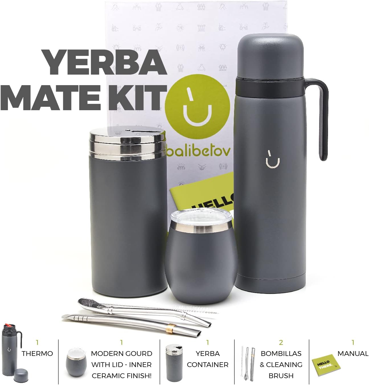 Yerba Mate Set mit Thermos und Bombillas, Grau