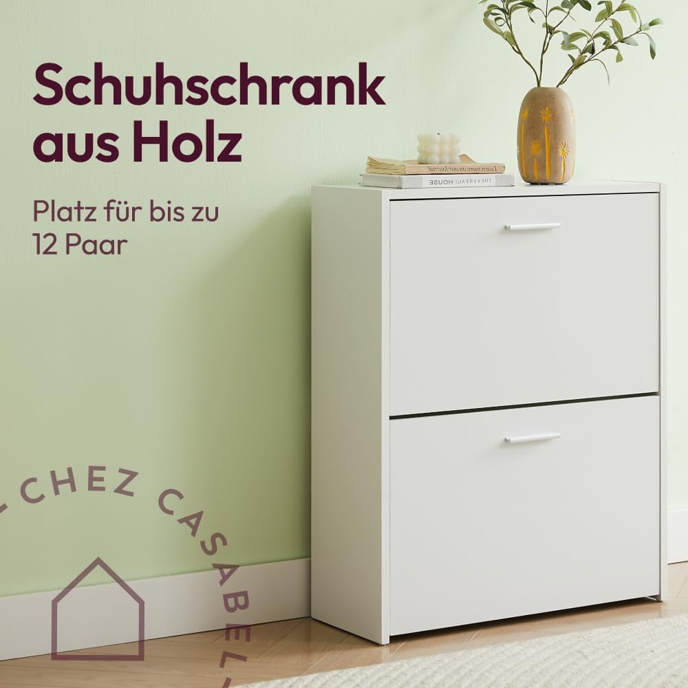 Schuhschrank mit 2 Klappen für 12 Paar Schuhe, Weiss 2 Türen