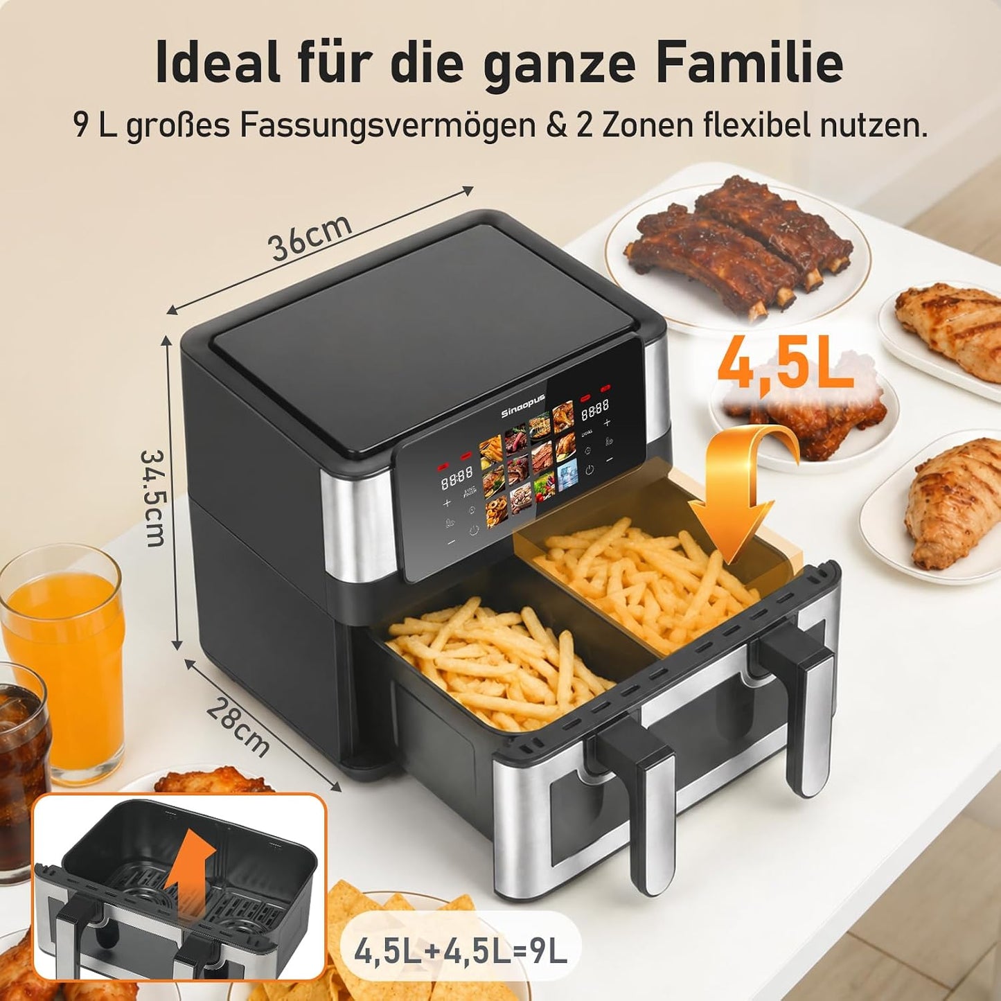 905A Heissluftfritteuse mit Doppelfach und Touchscreen, 905a-schwarz