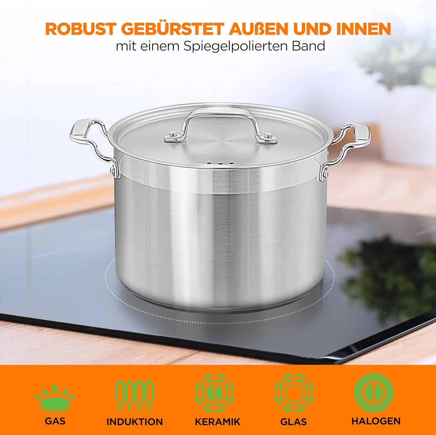 Induktionstopf Edelstahl 8 L mit Deckel, 8 Liter