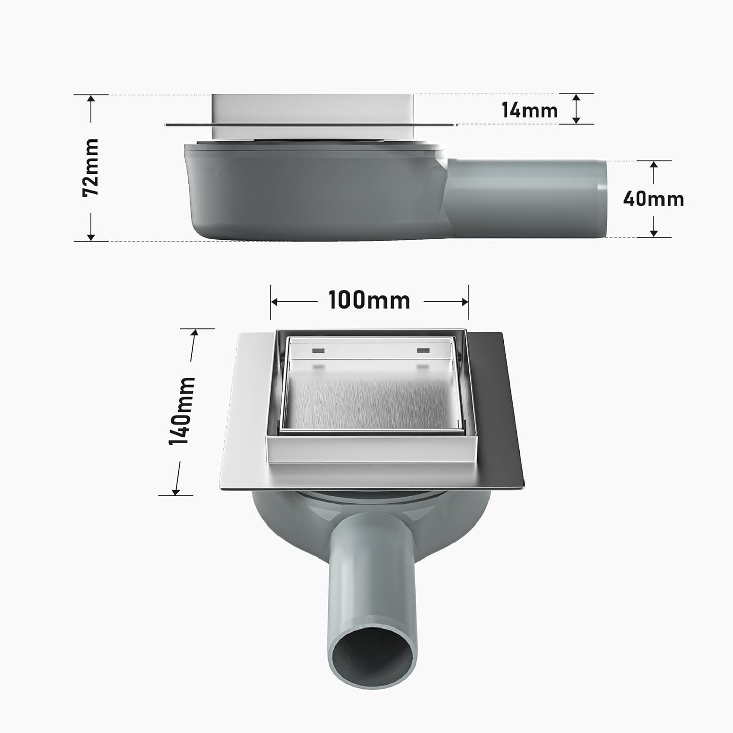 Befliesbare Duschrinne mit 360° Siphon und Haarsieb, Silber 10cm