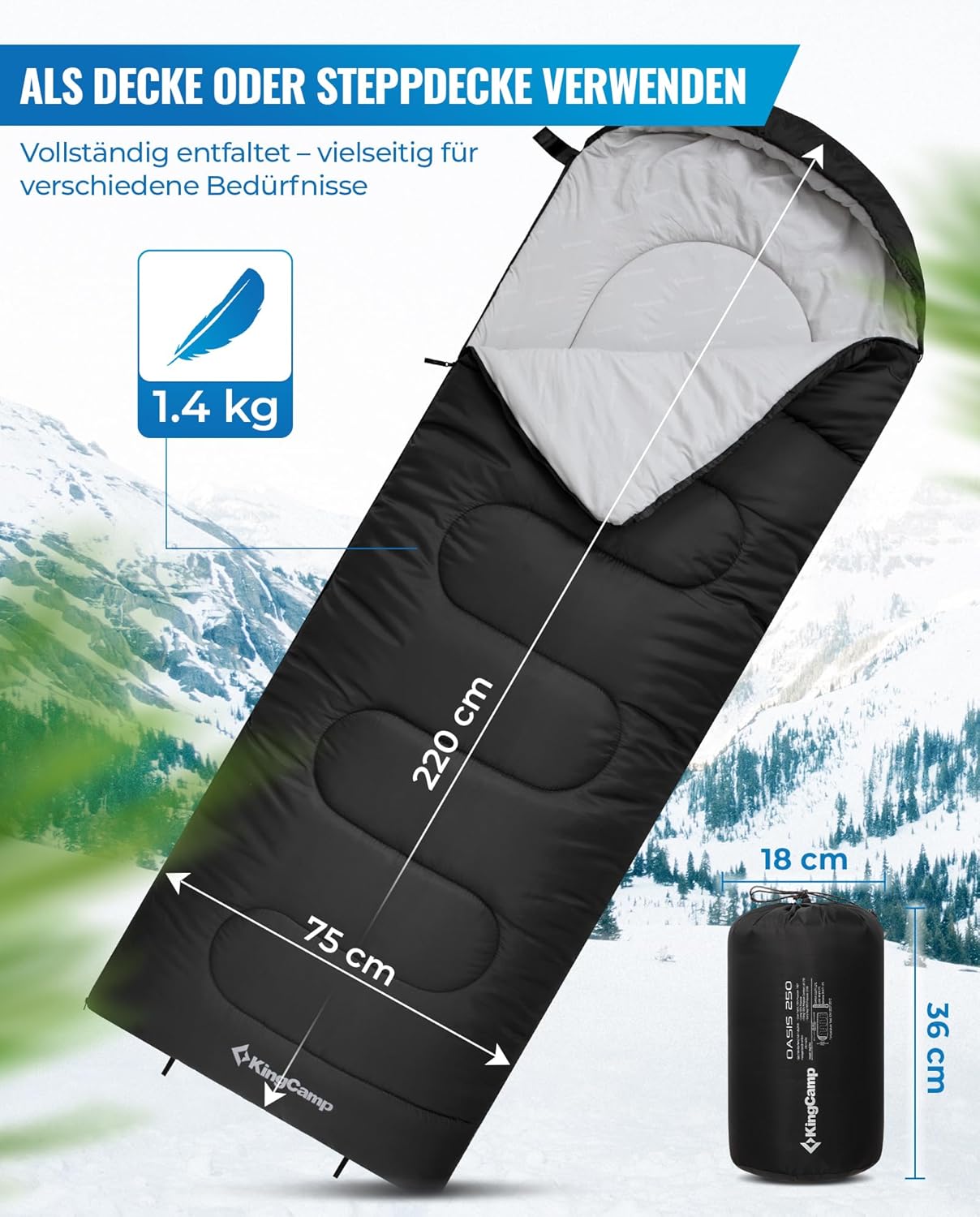 Wasserdichter Flanell-Schlafsack, Schwarz R Zip 220×75cm