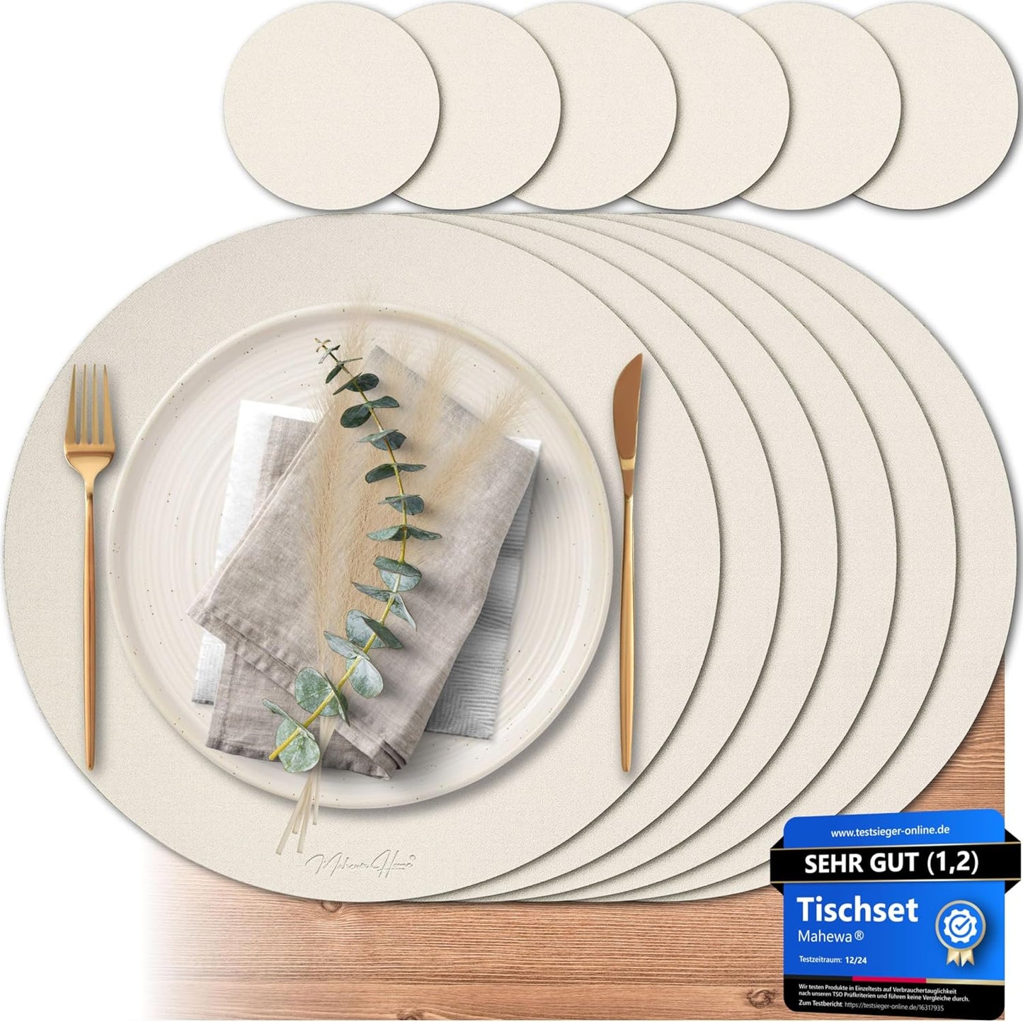 6er-Set abwaschbare Tischsets mit Glasuntersetzer, Rund Cremebeige