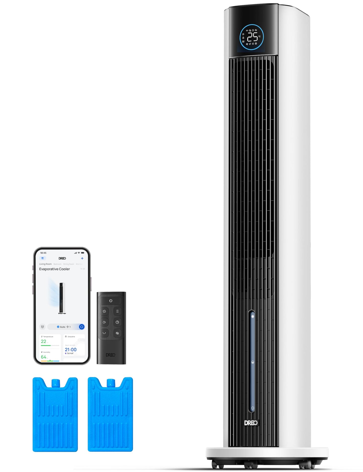 Turmventilator mit Wasserkühlung, App-Steuerung, Weiss