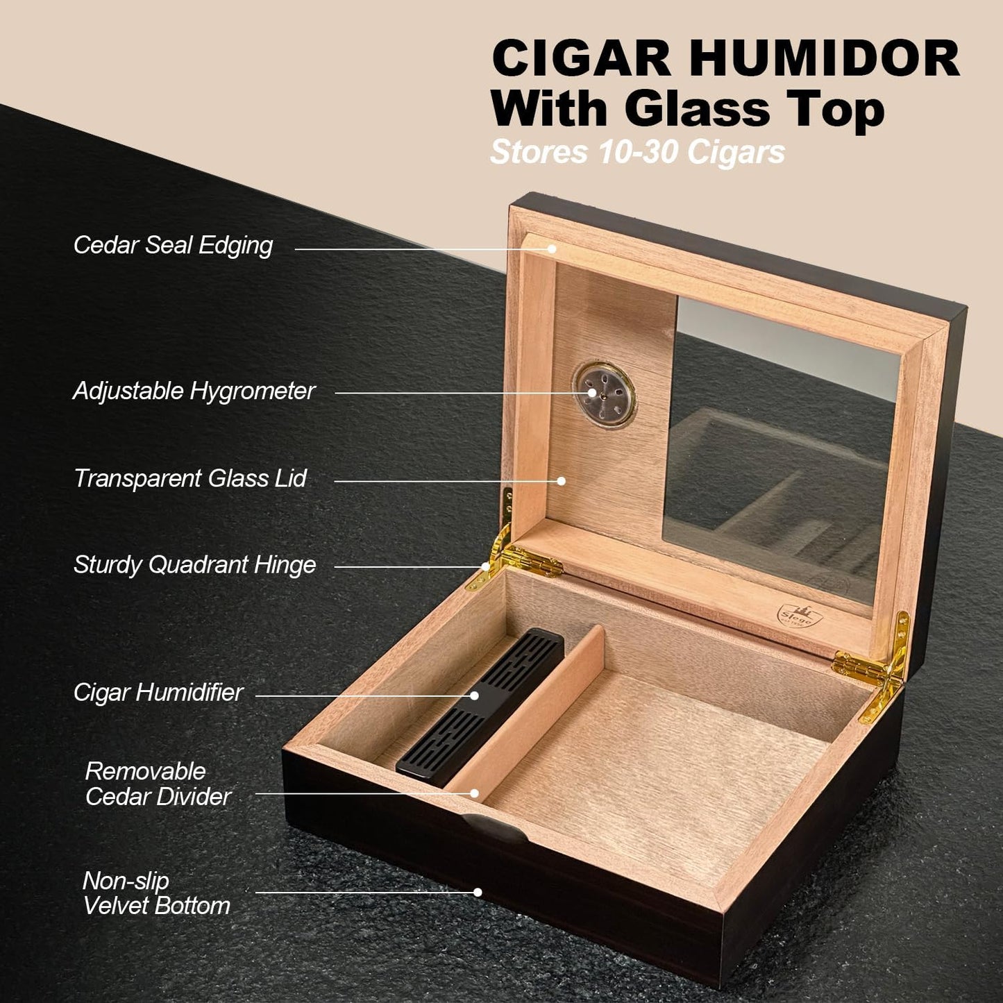 Zigarren-Humidor mit Hygrometer, Schwarz