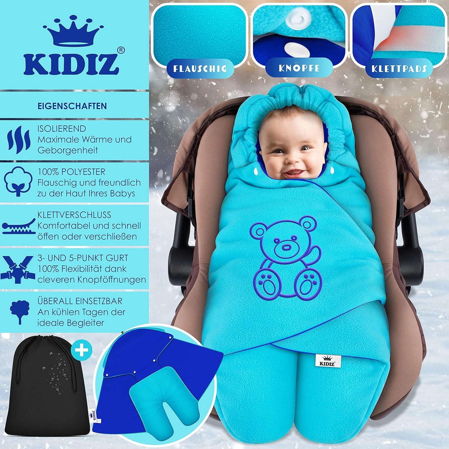 Einschlagdecke für Babyschale & Kinderwagen, Aqua / Marineblau