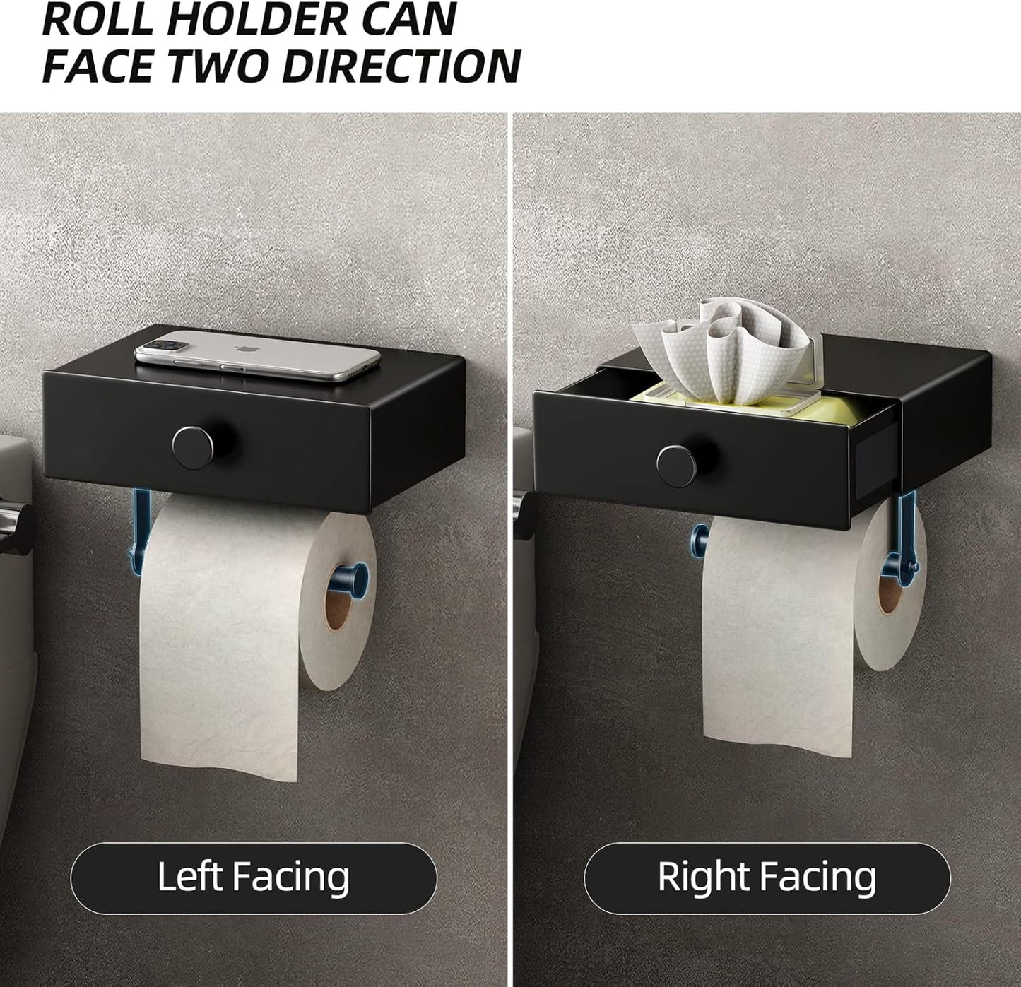 Toilettenpapierhalter mit Feuchttücherbox & Schublade, Schwarz Mit Feuchttücherbox