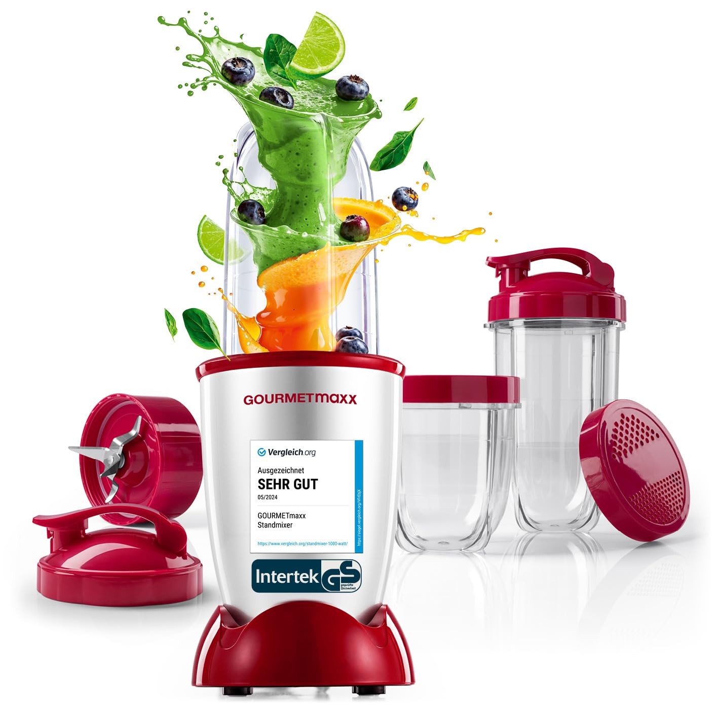 Power Pro Standmixer mit To-Go-Becher, Silber-rot | 400 W Power + | L-set
