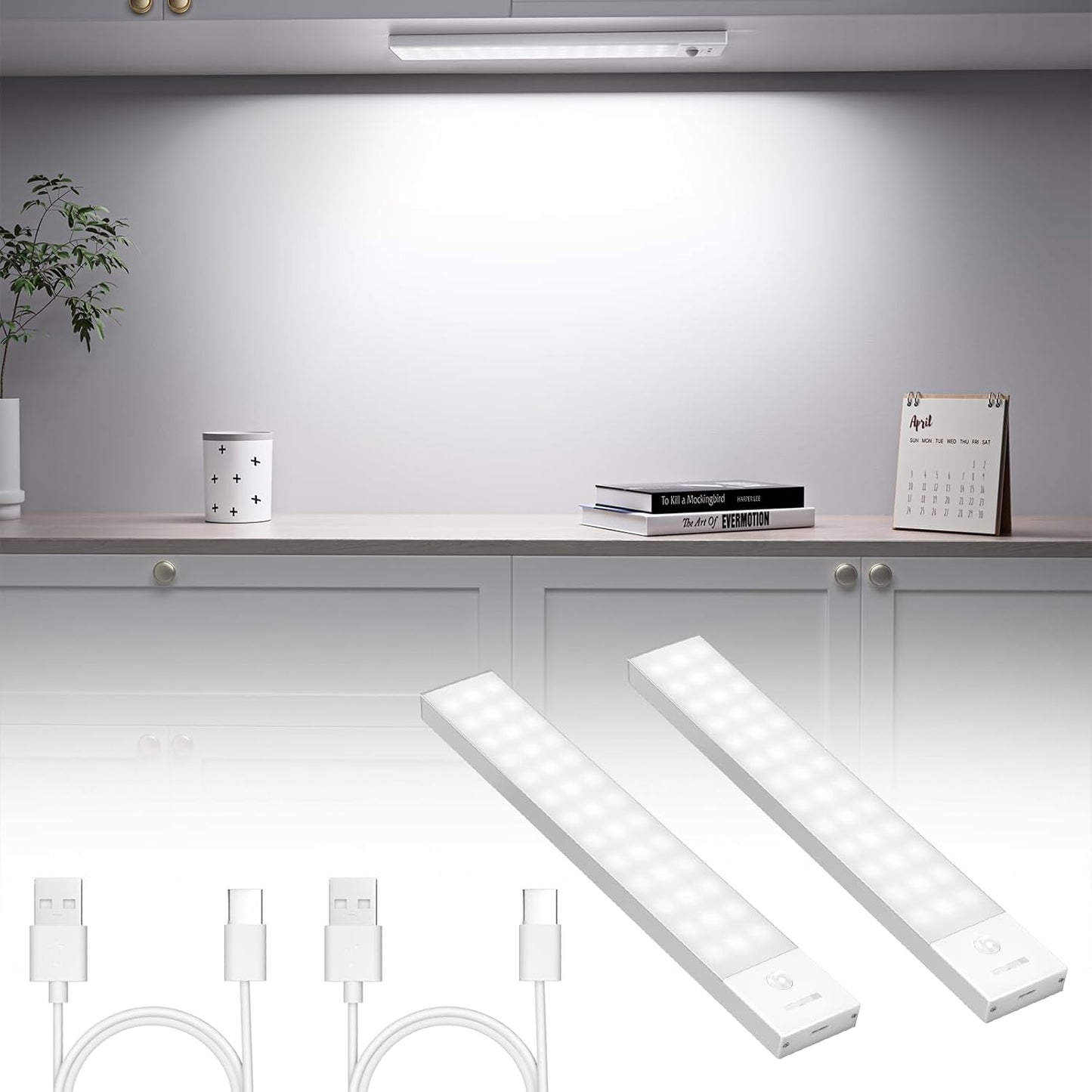 2 Stück LED Unterbauleuchte mit Bewegungsmelder, Weiß 5000k, 23CM - 2 Stück