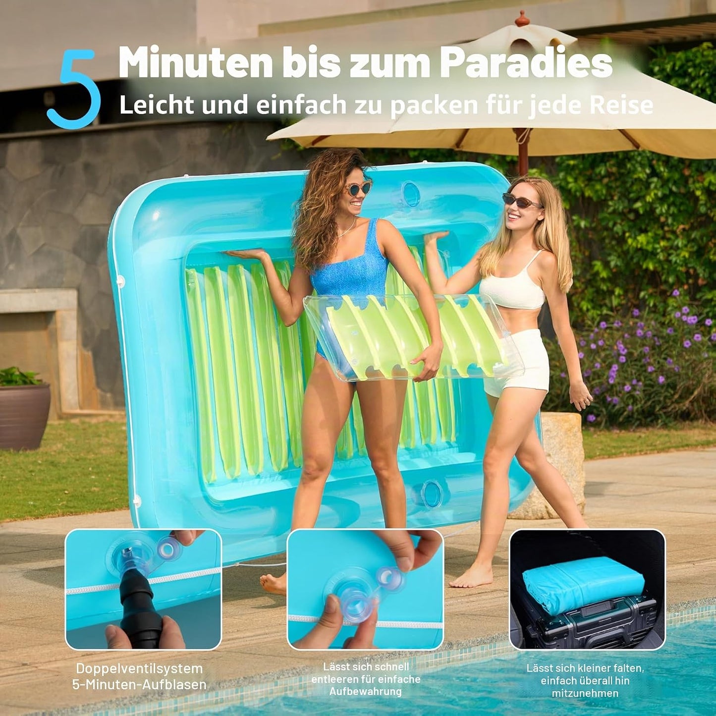 Aufblasbarer Sonnenpool mit abnehmbarem Kissen und Getränkehalter, Blau-Grün XL