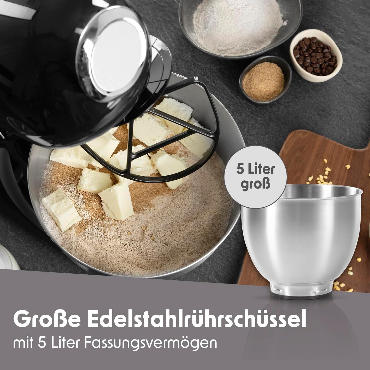 Multifunktionale Küchenmaschine mit Rührschüssel, Schwarz