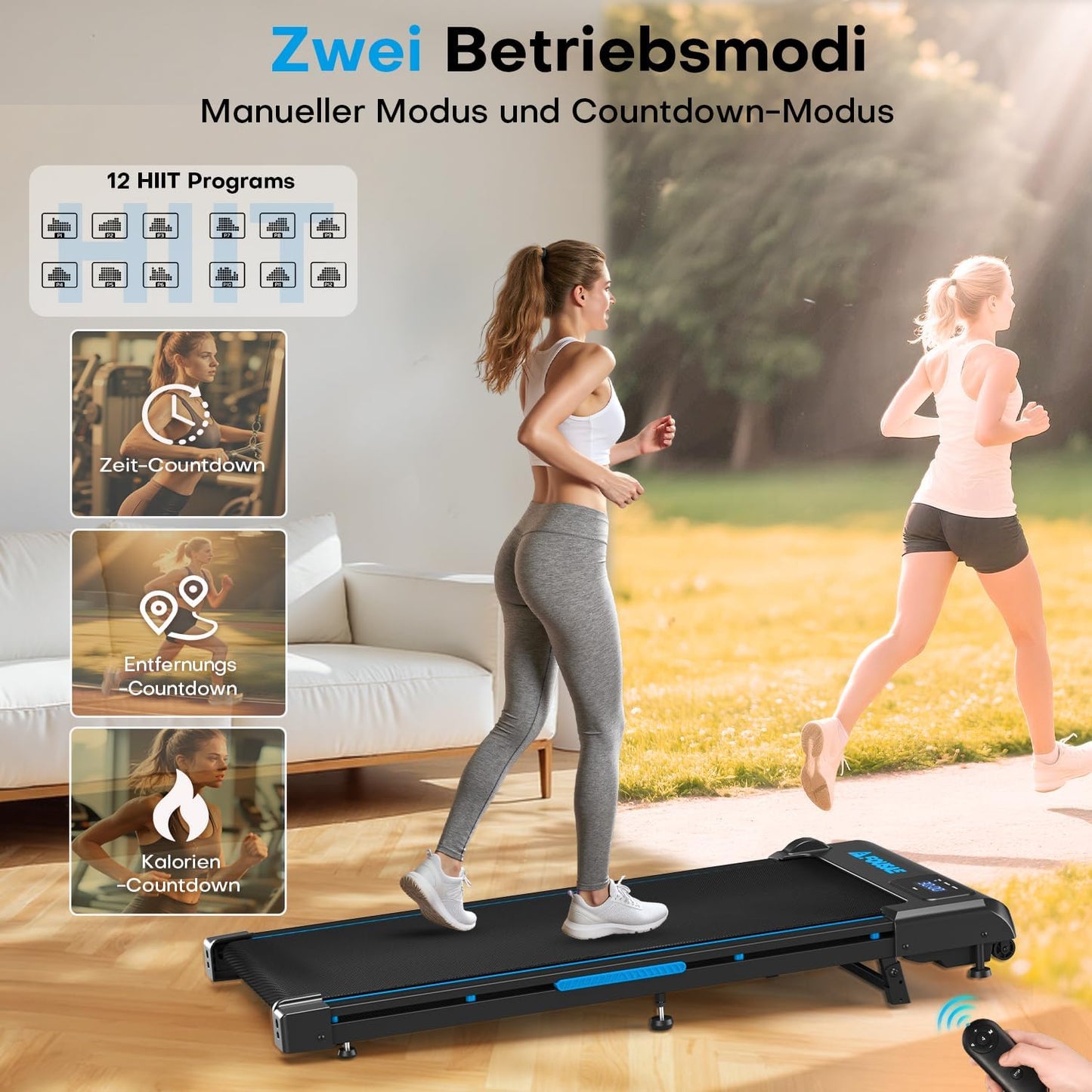 Walking Pad Laufband mit Steigung, Schwarz-Blau 4-in-1 mit Doppelter Stoßdämpfung