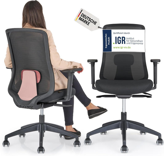 Ergonomischer Bürostuhl mit 3D Armlehnen & Lordosenstütze, Ohne Kopfstütze Schwarz / Rot