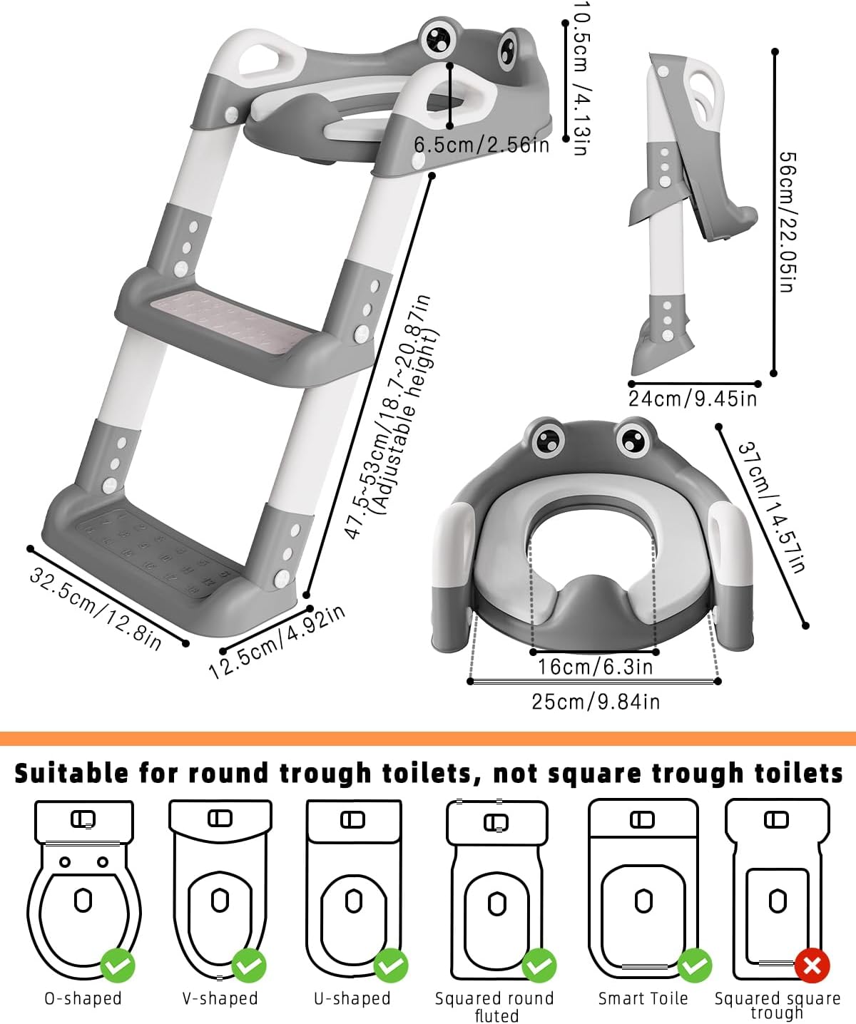 Toilettentrainer mit Treppe für Kinder, Frosch/Grau