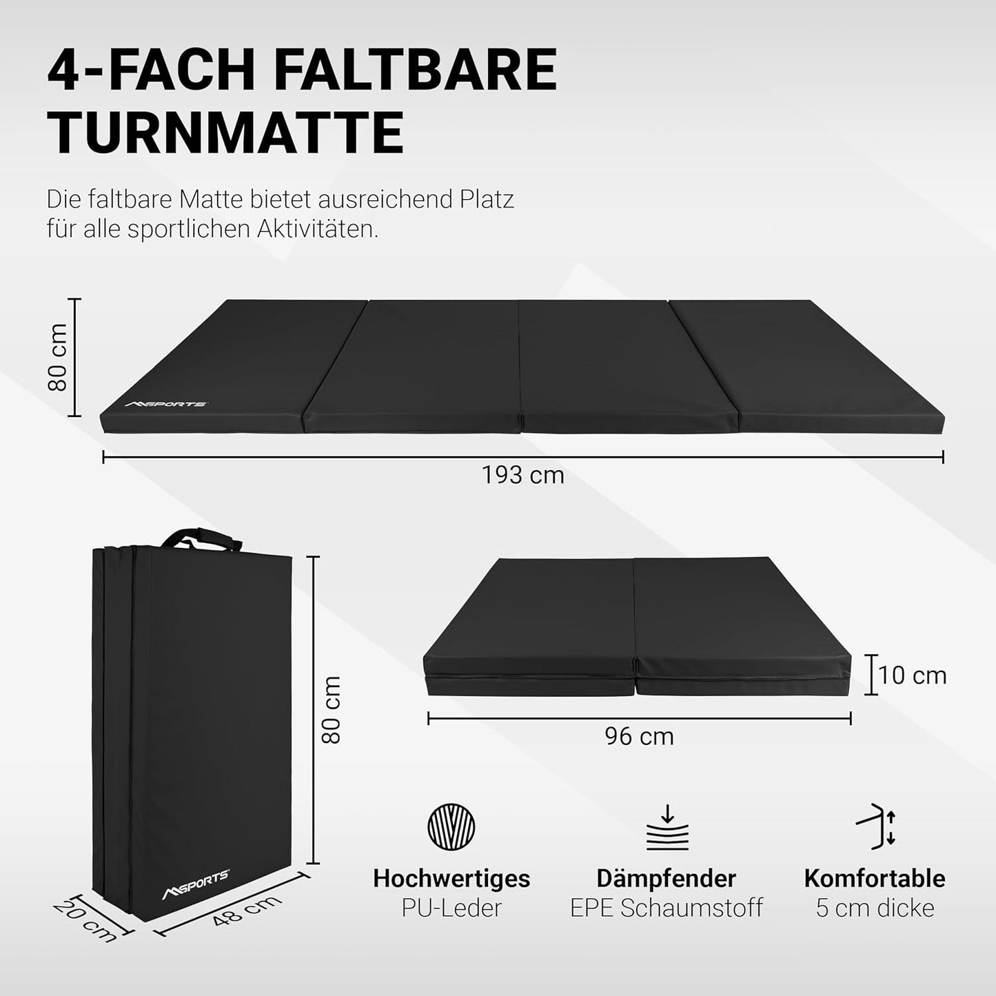 Klappbare Turnmatte, Schwarz 190 x 80 x 5 cm