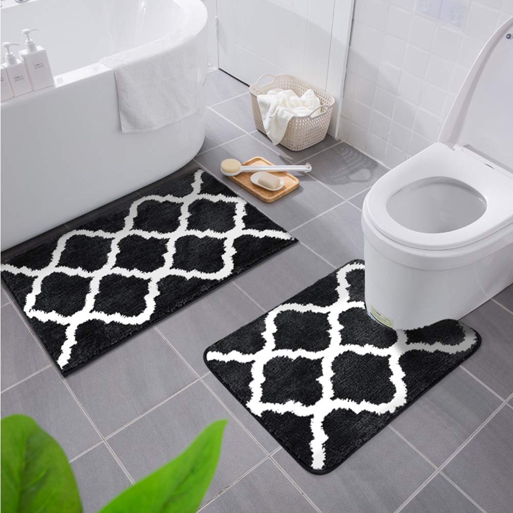 2-teiliges Badematten-Set, 50 x 60 cm (U-förmig) + 50 x 76 cm (Rechteckig) Schwarz