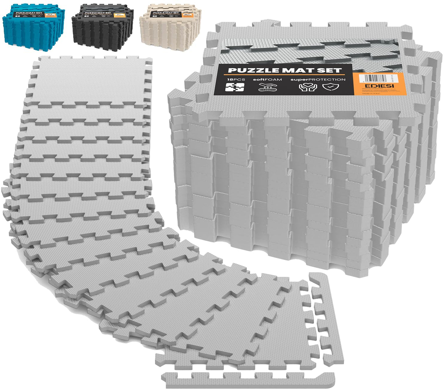 Bodenschutz Puzzlematte-Set, 18 Stück / 30 x 30 x 1 cm / 1,7 m² / Grau