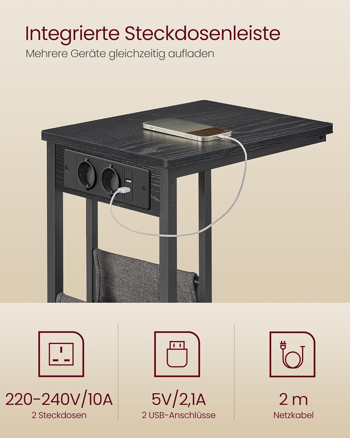 Beistelltisch mit Ladestation und USB-Anschlüssen, Ebenholzschwarz|Mit Ladestation
