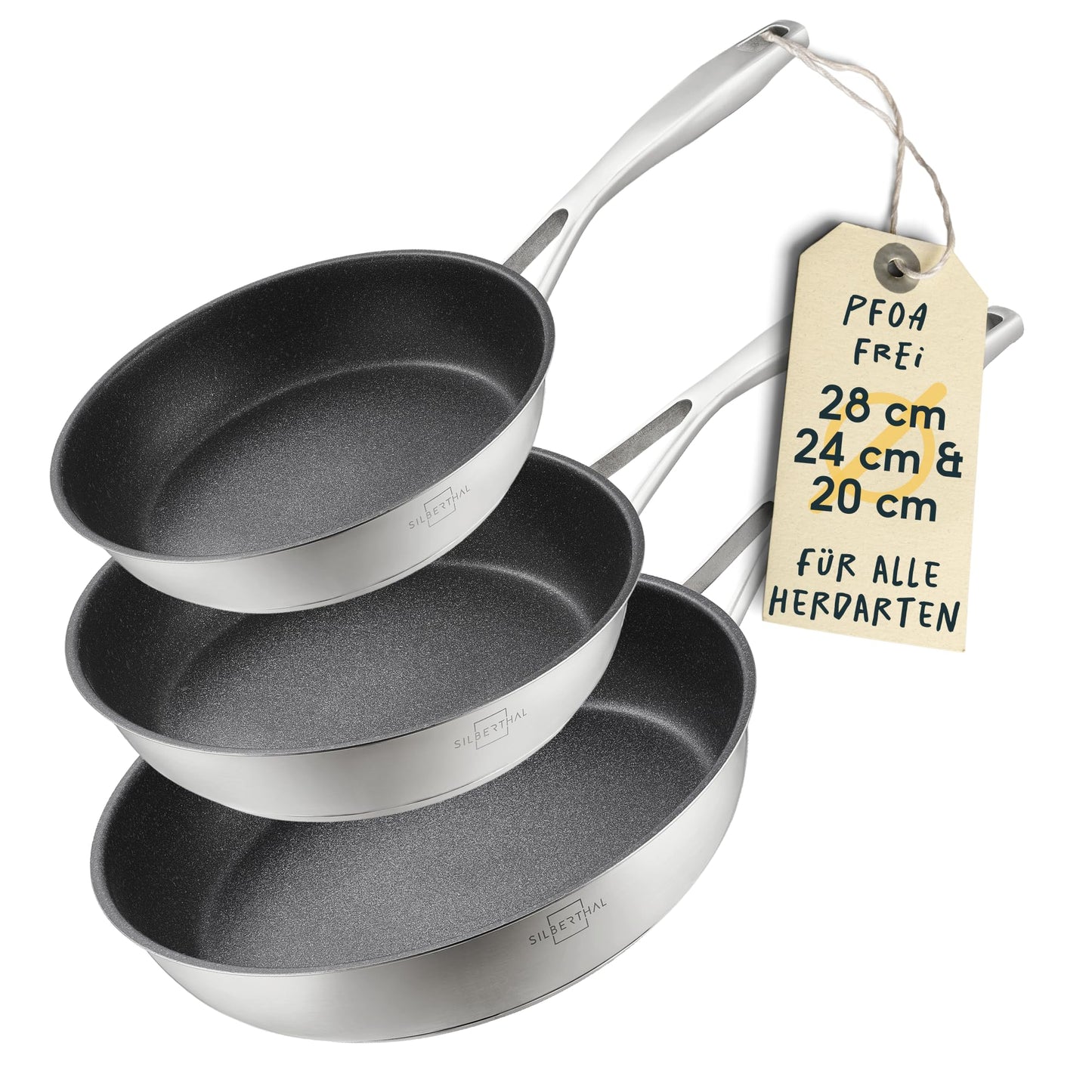 3-teiliges Bratpfannen-Set, antihaftbeschichtet, backofenfest bis 250°C, Beschichtet 3er Set | 20, 24 + 28cm