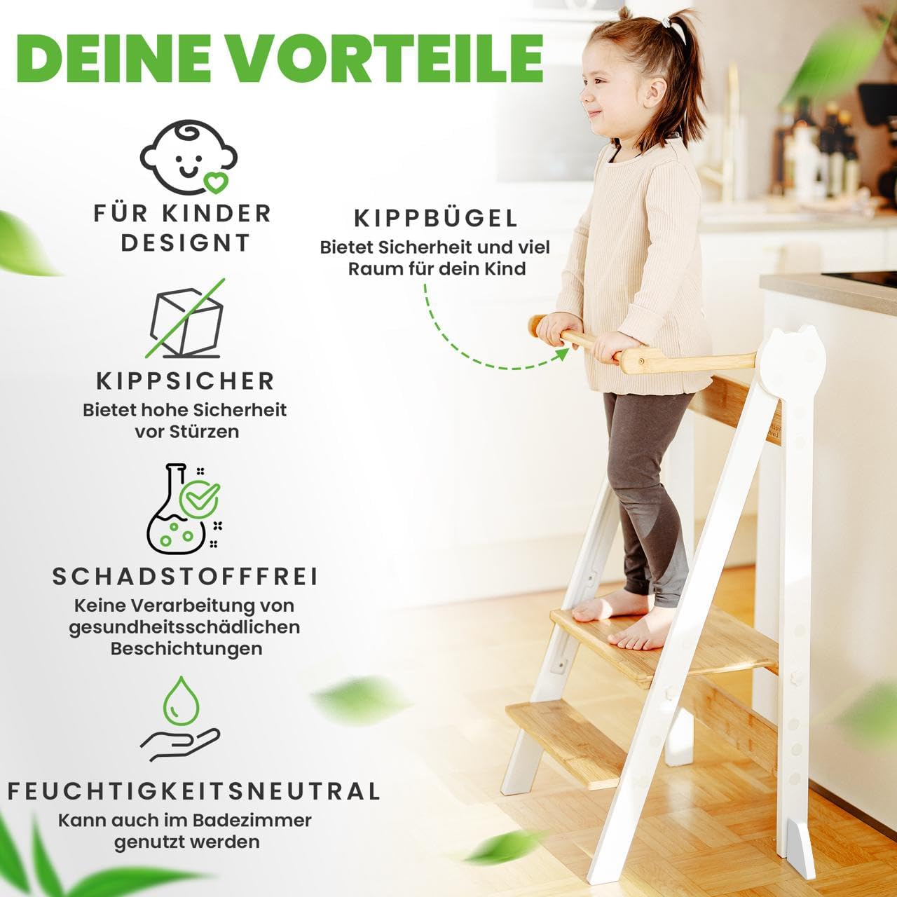 Lernturm höhenverstellbar, klappbar, Weiss / Bambus