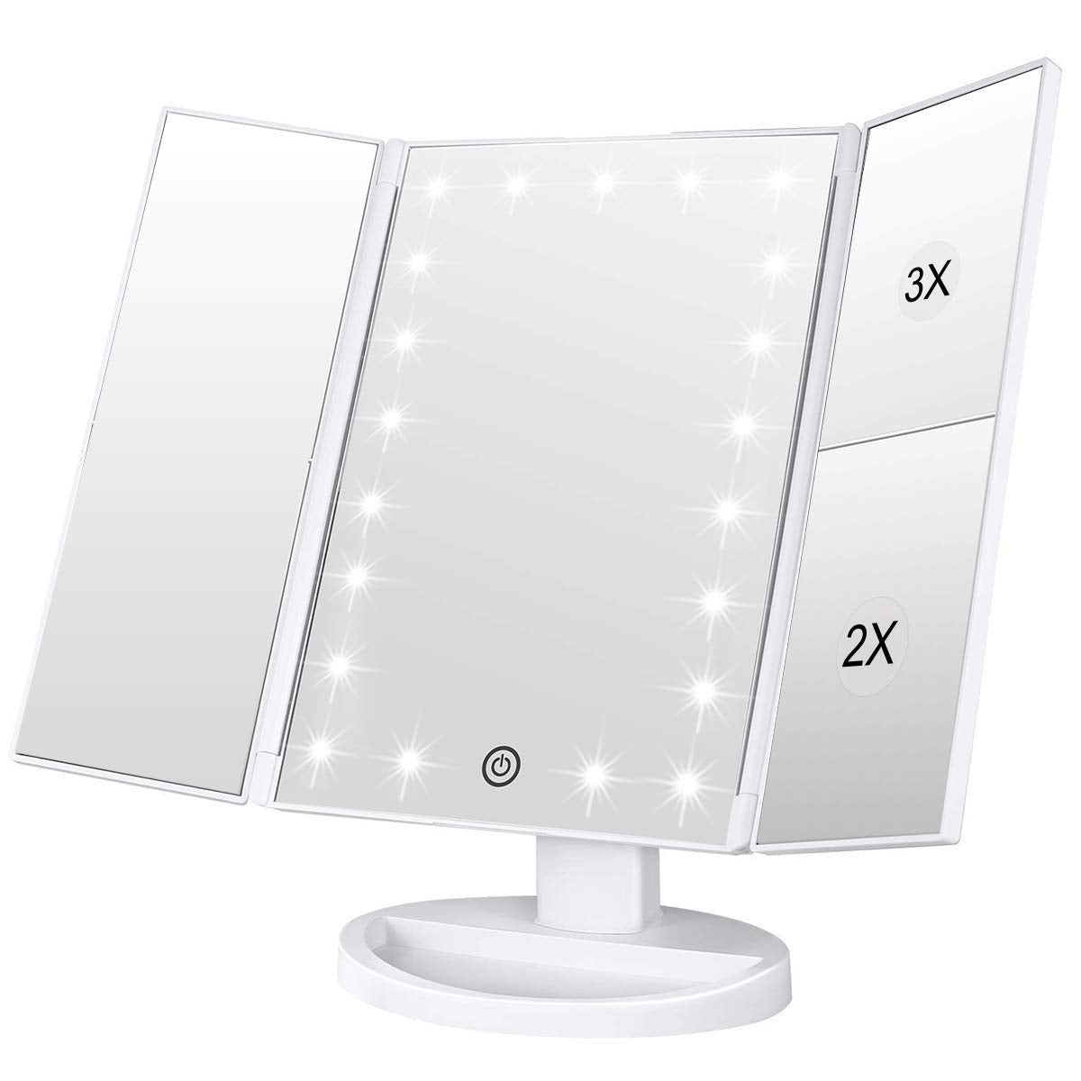 Dreifach gefalteter Kosmetikspiegel mit LED & Vergrösserung, Weiss