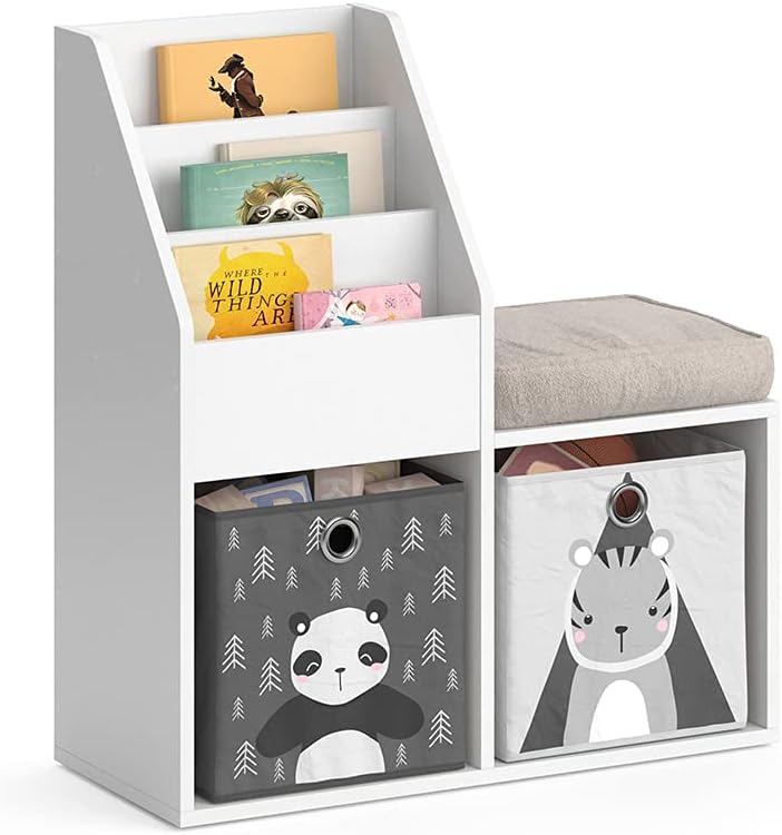 Kinderregal mit Faltboxen (Bücher & Spielzeug), Weiß mit Faltboxen Panda/Tiger
